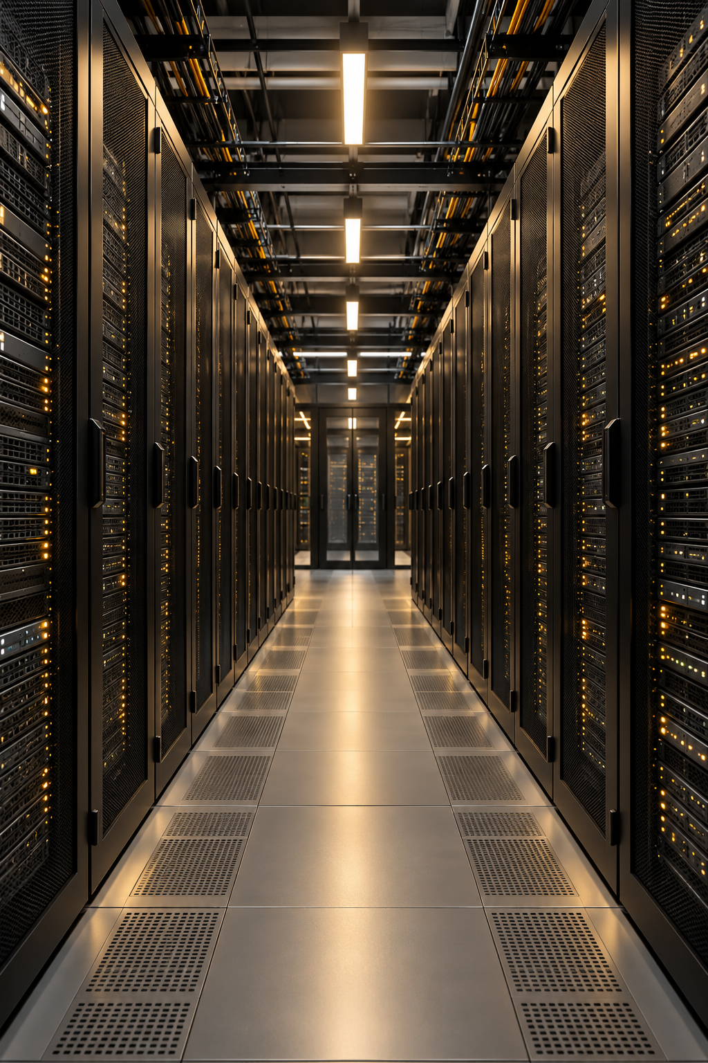 Illustrative datacenter aisle with server racks and warm lighting